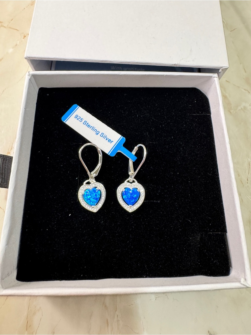 Blue Opal 925 Sterling Silver Heart Drop Earrings with Blue Opal Inlay - Picture 2 of 12